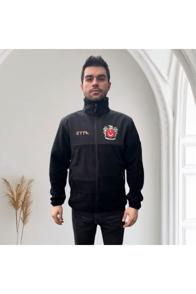 Bozkurt Türk Logo Ve Göktürkçe Türk Baskılı Dik Yaka Garnili Siyah Softshell Polar Ceket