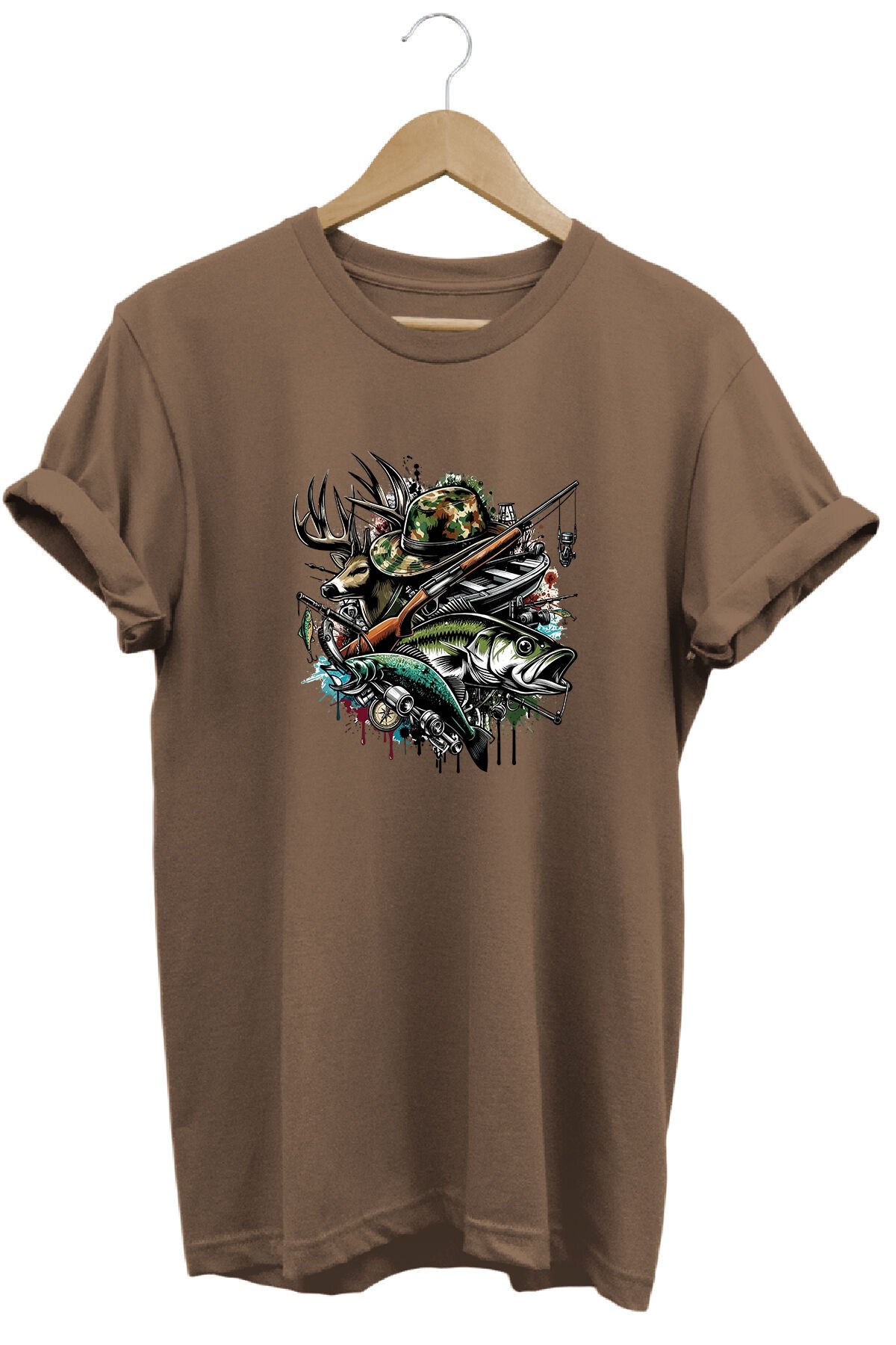 Unisex Geyik ve Balık Baskılı Arazi ve Doğa Tişörtü Outdoor Kamp Giyimi Açık Kahverengi - 3XL