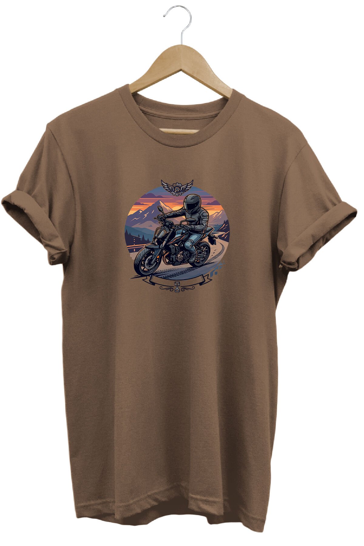 Motorsiklet Baskılı Erkek Tişört Vintage Retro Tasarım Grafik Baskı Bisiklet Yaka Kumul Kahve - M