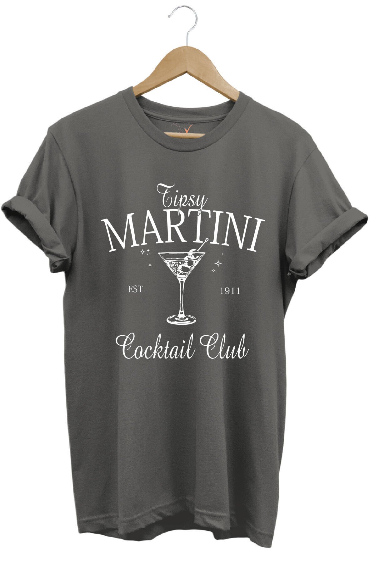 Tipsy Martini Cocktail Club Tasarım Baskılı Old Money Y2k %100 Pamuk Regular Fit Premium T-Shirt Gri - S