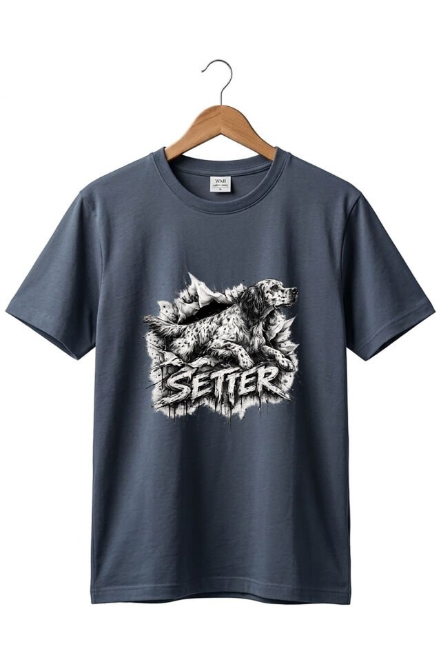 Unisex English Setter Köpek Baskılı Hunting Doğa %100 Pamuk Basic T-Shirt Antrasit Gri - S