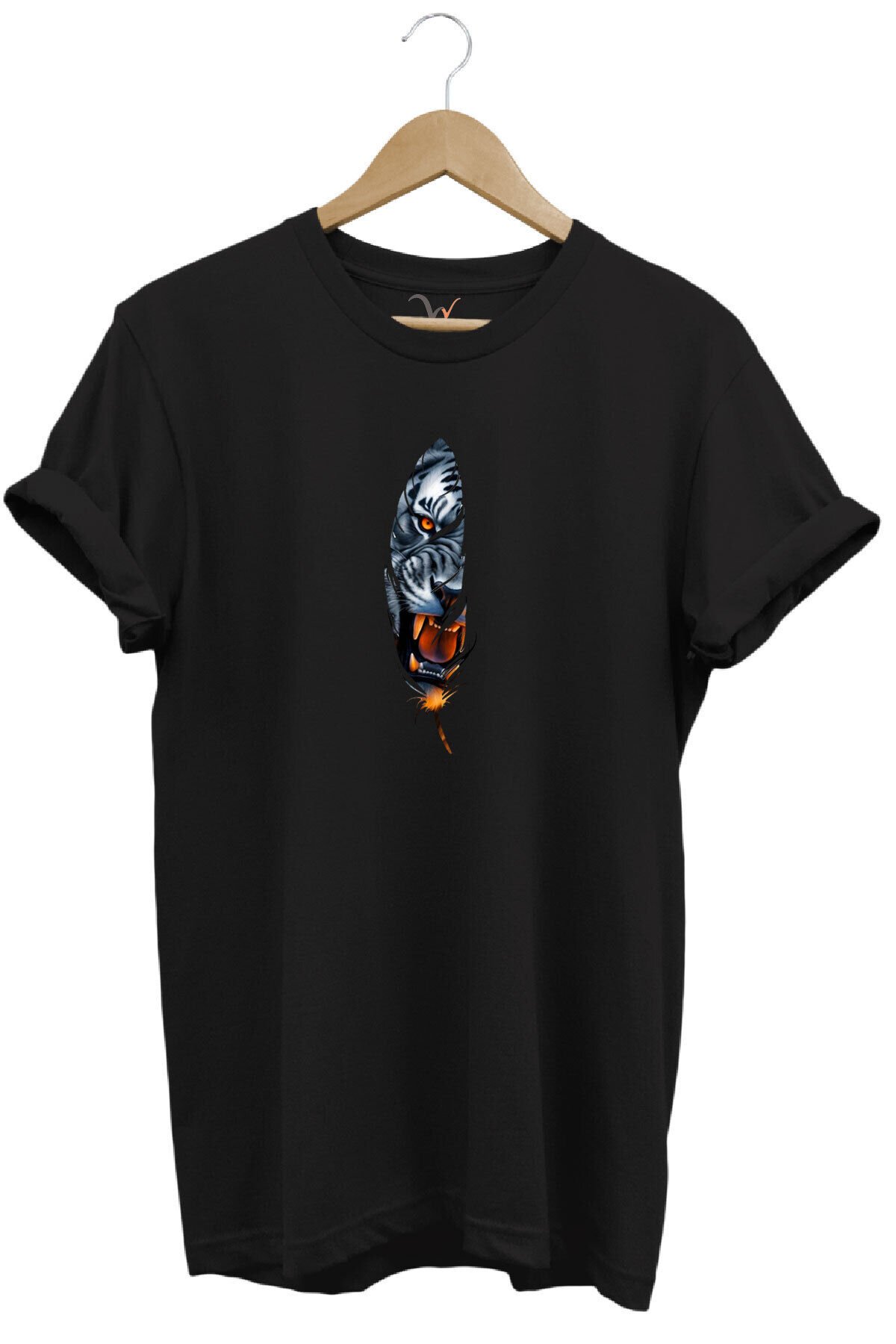 Kaplan Tüy Baskılı Şık Minimal %100 Pamuk Regular Fit Bisiklet Yaka Siyah T-shirt