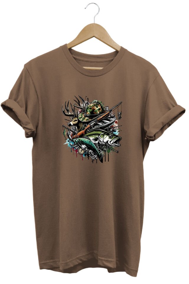 Unisex Geyik ve Balık Baskılı Arazi ve Doğa Tişörtü Outdoor Kamp Giyimi Açık Kahverengi - XL