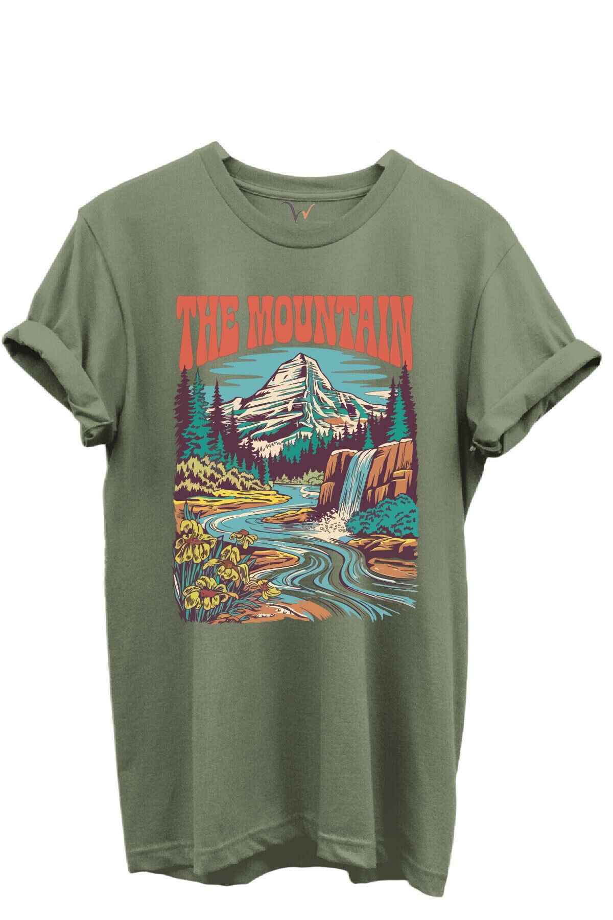 The Mountain Yazılı Dağ Manzarası ve Şelale Baskılı %100 Pamuk Regular Fit Unisex T-Shirt Haki - XL