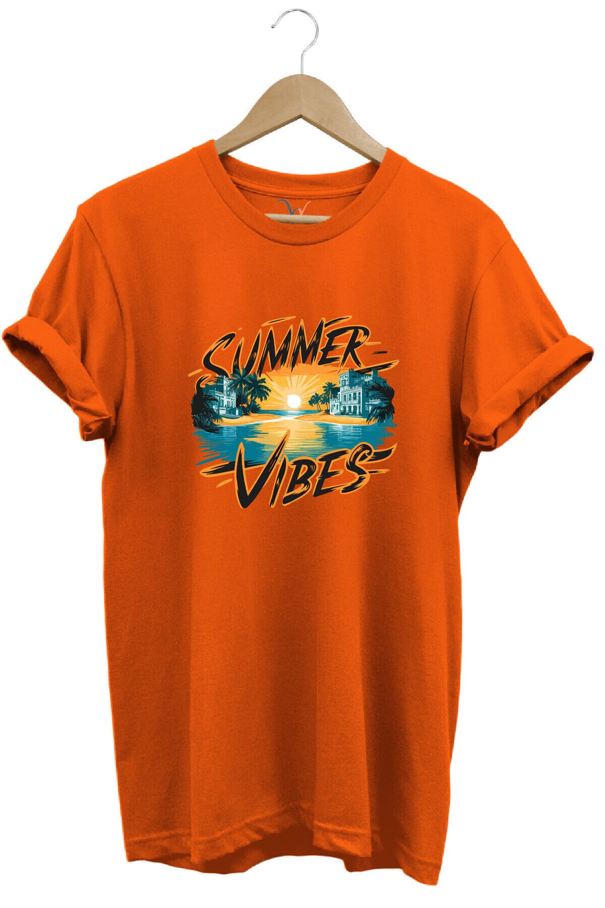 Summer Vibes Baskılı Yazlık Tatil Deniz %100 Pamuk Regular Fit Bisiklet Yaka Gri T-shirt Turuncu - XL