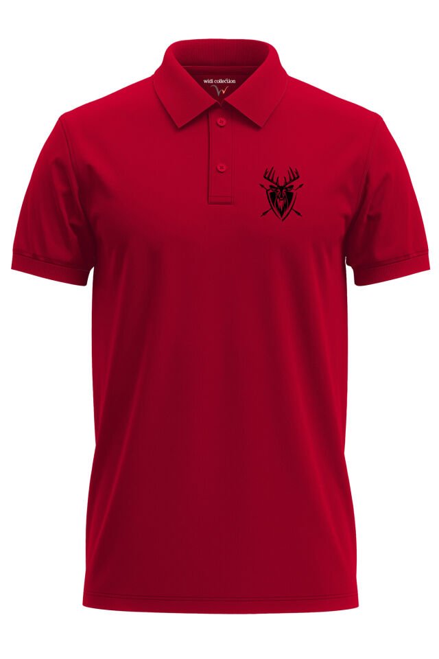 Avcılık Hunting Geyik Avı Baskılı Yaban Hayatı Vahşi Yaşam Regular Fit Polo Yaka Siyah T-shirt Kırmızı - 3XL