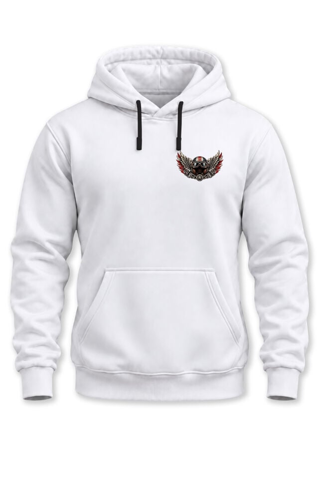 Unisex Motorcu Kaskı Kanat Baskılı Kapüşonlu Sweatshirt Biker Minimal Tasarım