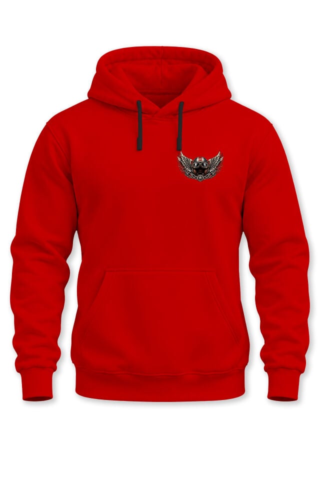 Unisex Motorcu Kaskı Kanat Baskılı Kapüşonlu Sweatshirt Biker Minimal Tasarım