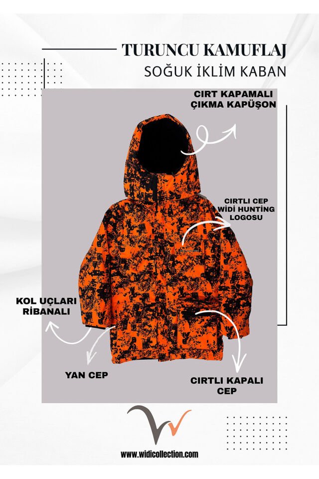 Outdoor Avcılık Fosfor Turuncu Domuz Avı Rüzgar Su Geçirmez Çıkma Kapüşonlu Soğuk İklim Kışlık Kaban Turuncu Kamuflaj - S