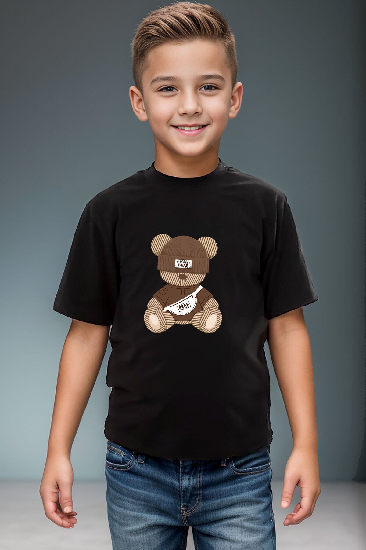 Sevimli Ayıcık Baskılı Cool %100 Pamuk Erkek Çocuk Kız Çocuk Yüksek Kaliteli Premium Siyah T-shirt Siyah - 13-14 Yaş