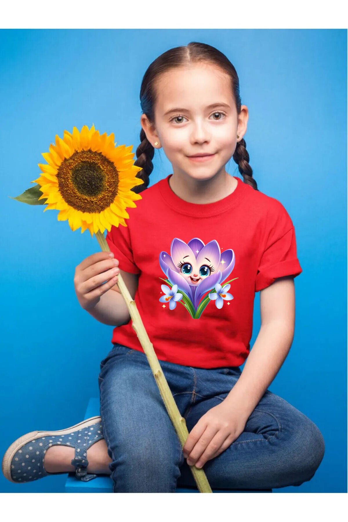 Sevimli Renkli Çiçek Baskılı Regular Fit %100 Pamuk Çocuk Kırmızı T-shirt