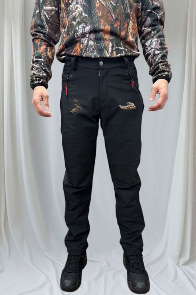 Avcılık Çulluk Setter Baskılı Kışlık Siyah Içi Polarlı Su İtici Rüzgar Geçirmez Softshell Pantolon