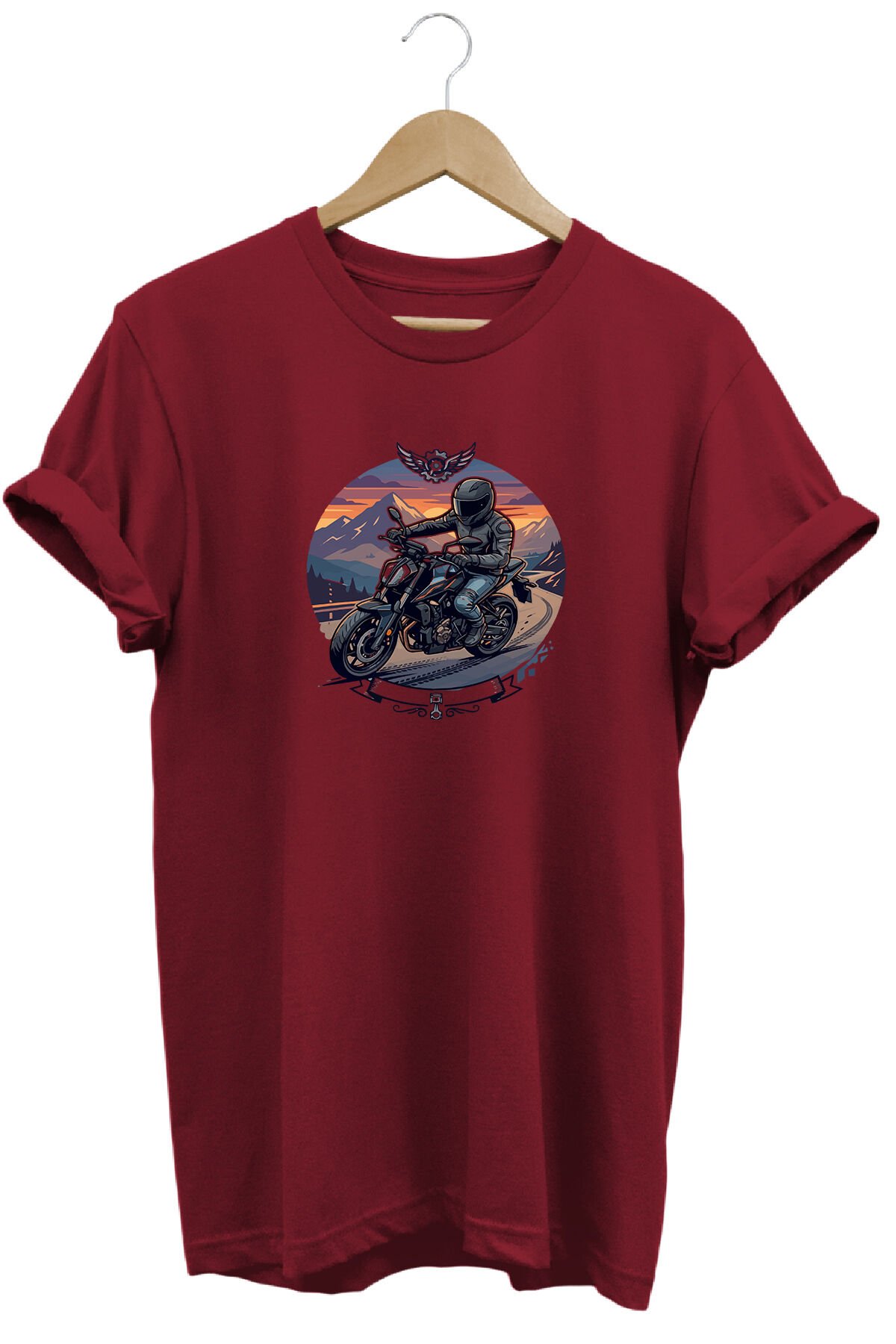 Motorsiklet Baskılı Erkek Tişört Vintage Retro Tasarım Grafik Baskı Bisiklet Yaka Bordo - M