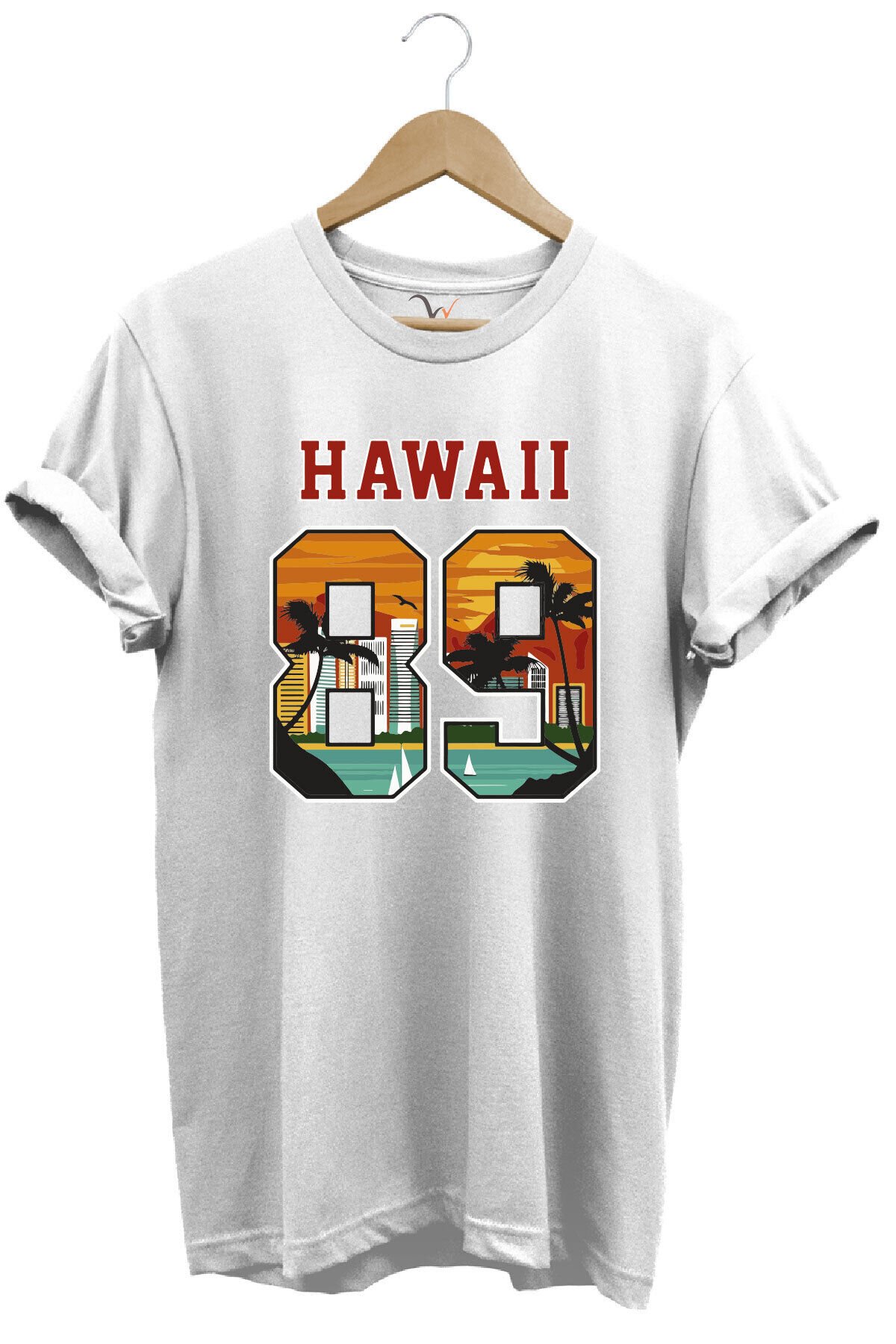 Hawaii 89 Gün Batımı Palmiye ve Yelkenli Baskılı %100 Pamuk Unisex Regular Fit Tişört Beyaz - 2XL