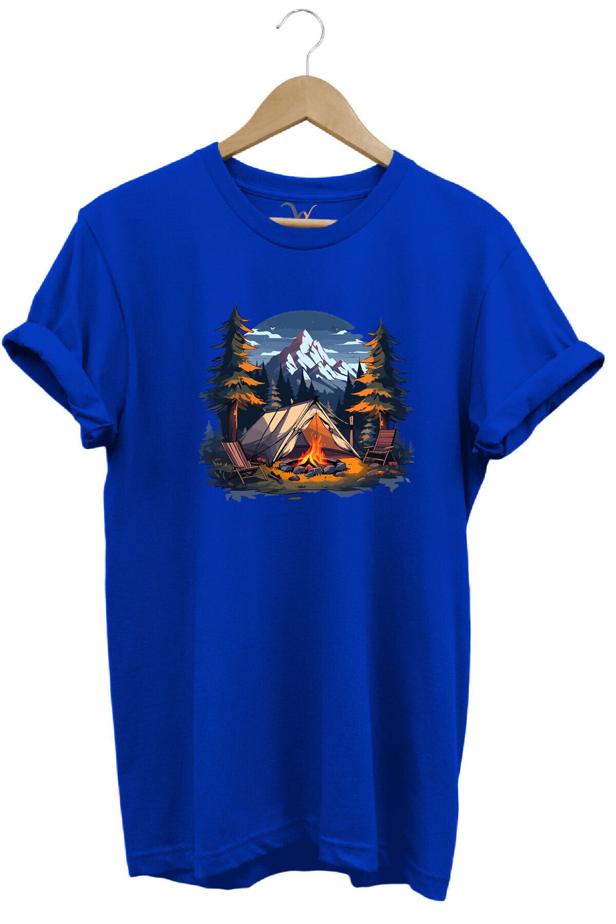 Yazlık Kamp Doğa Çadır ve Dağ Baskılı %100 Pamuk Regular Fit Bisiklet Yaka T-shirt Mavi - 3XL