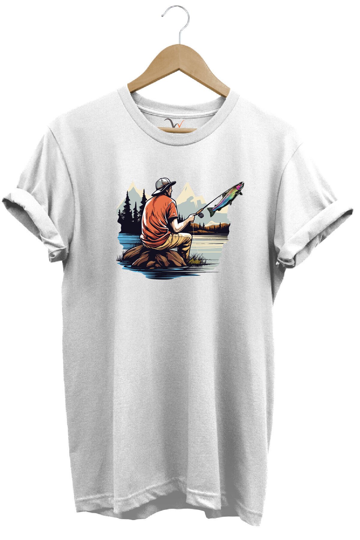 Fishing Balıkçılık Baskılı Olta Ile Alabalık Avı %100 Pamuk Regular Fit Kırmızı T-shirt Beyaz - 3XL