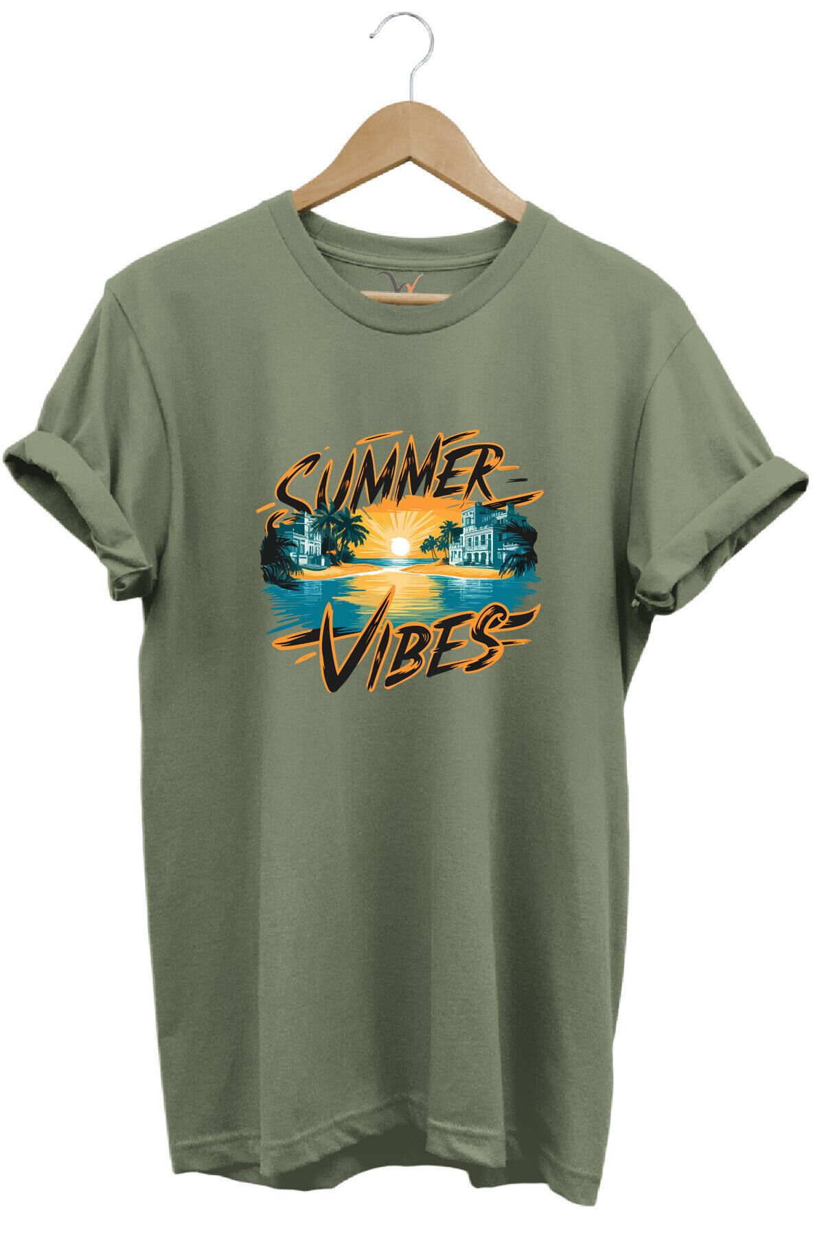 Summer Vibes Baskılı Yazlık Tatil Deniz %100 Pamuk Regular Fit Bisiklet Yaka Gri T-shirt Haki - 3XL