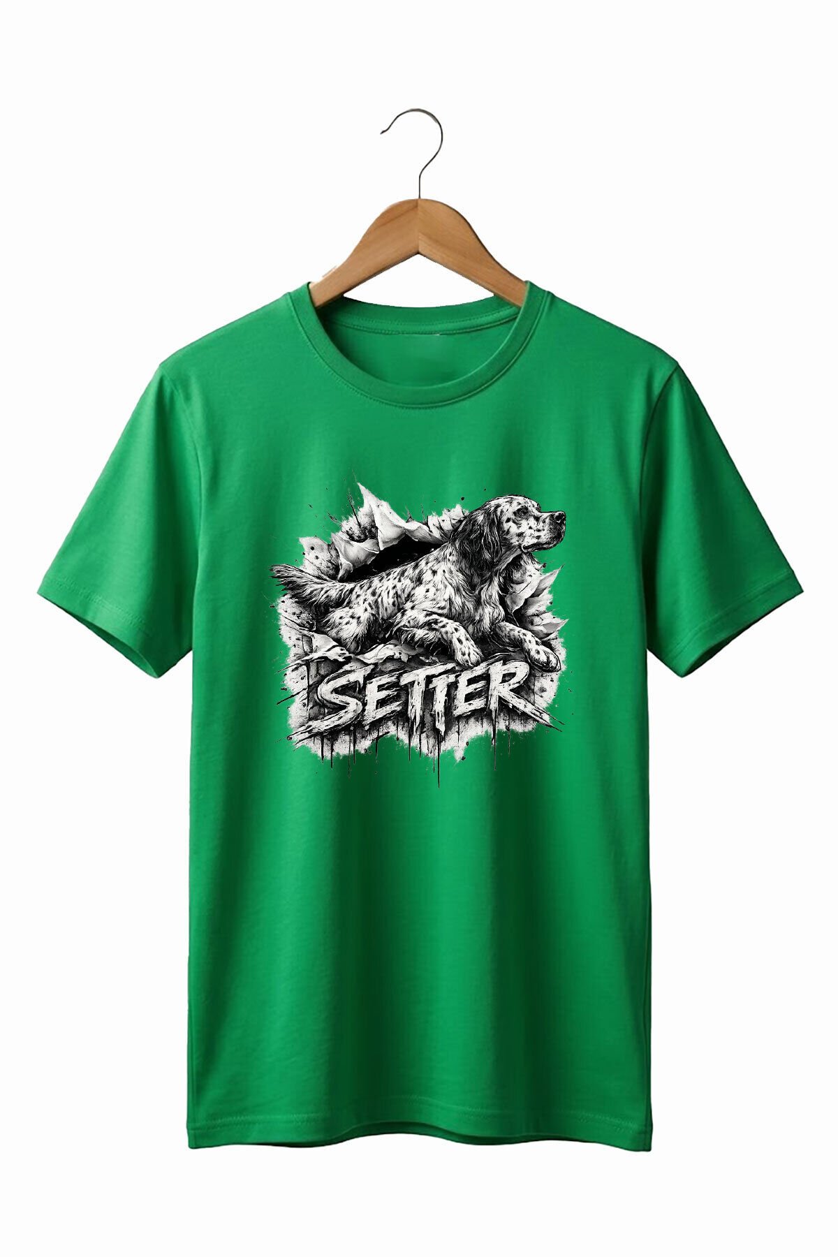 Unisex English Setter Köpek Baskılı Hunting Doğa %100 Pamuk Basic T-Shirt Yeşil - S