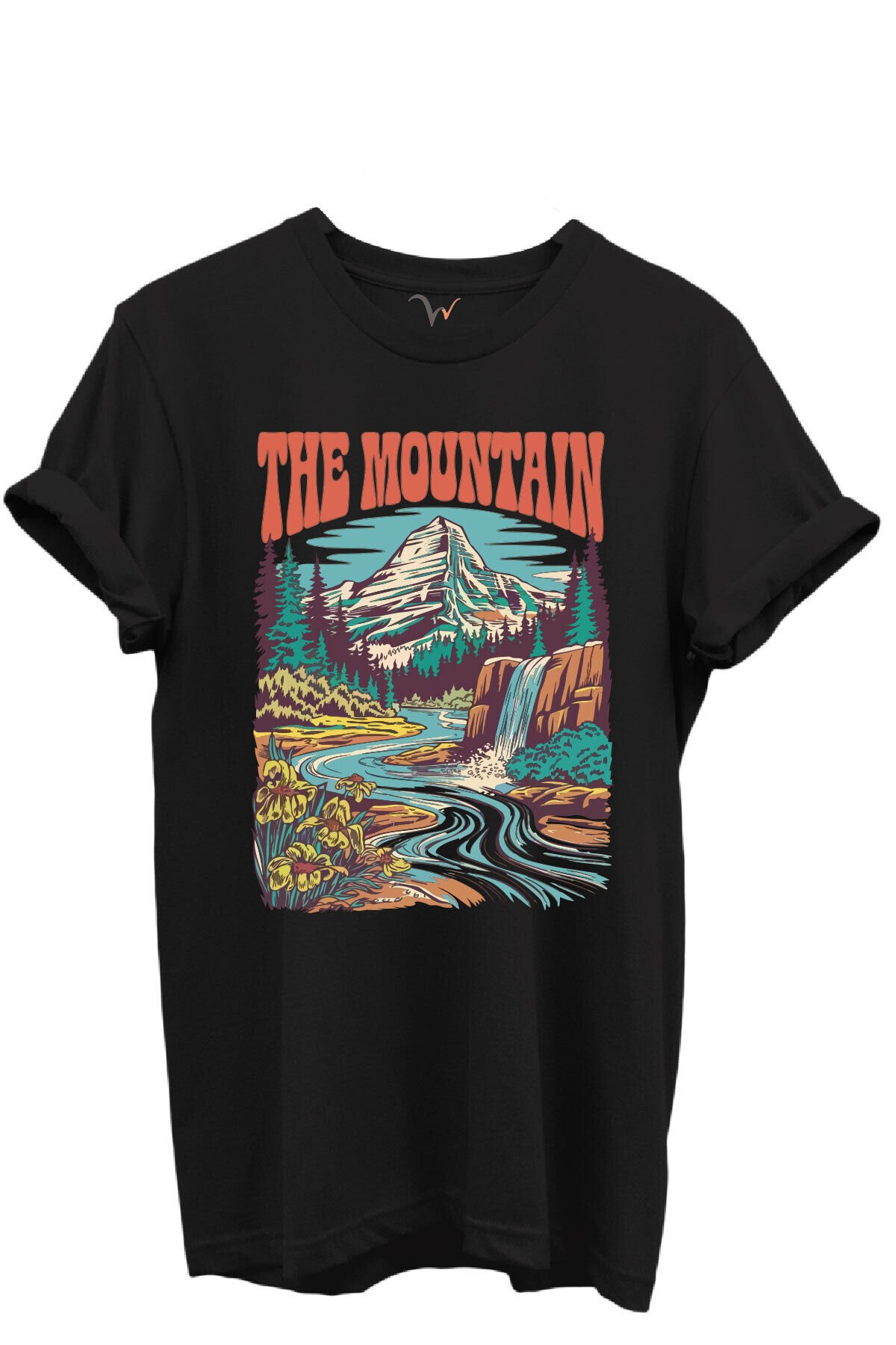 The Mountain Yazılı Dağ Manzarası ve Şelale Baskılı %100 Pamuk Regular Fit Unisex T-Shirt Siyah - L