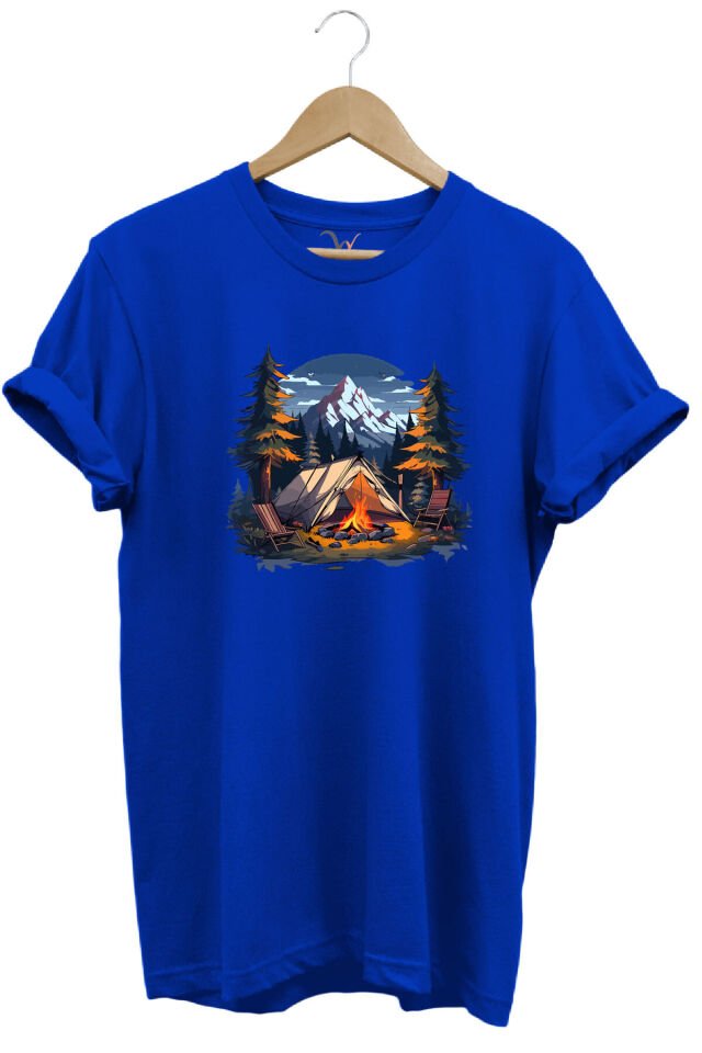 Yazlık Kamp Doğa Çadır ve Dağ Baskılı %100 Pamuk Regular Fit Bisiklet Yaka T-shirt Mavi - L