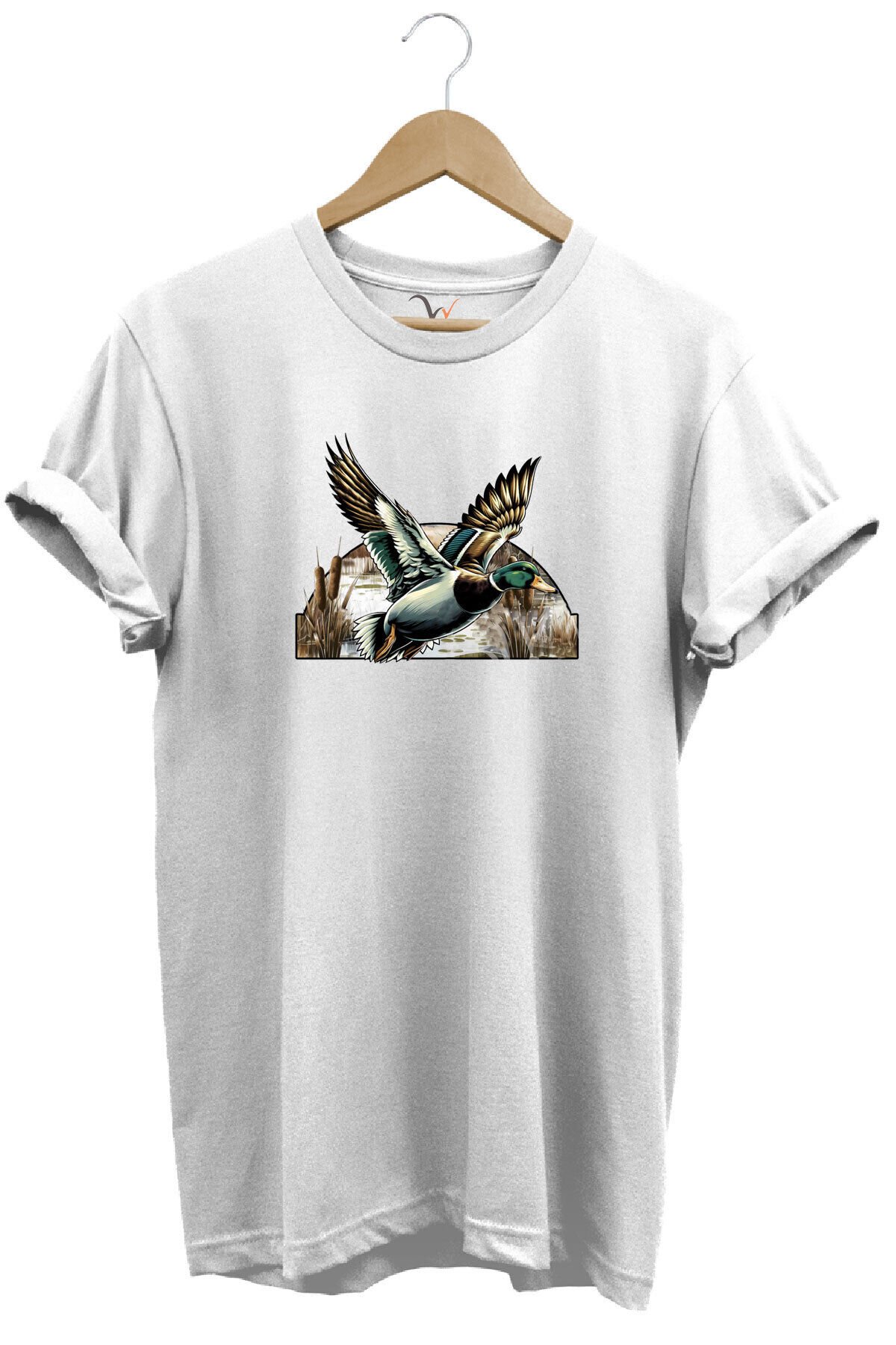 Avcılık Temalı Uçan Ördek Baskılı %100 Pamuk Unisex Regular Fit T-Shirt Beyaz - 2XL