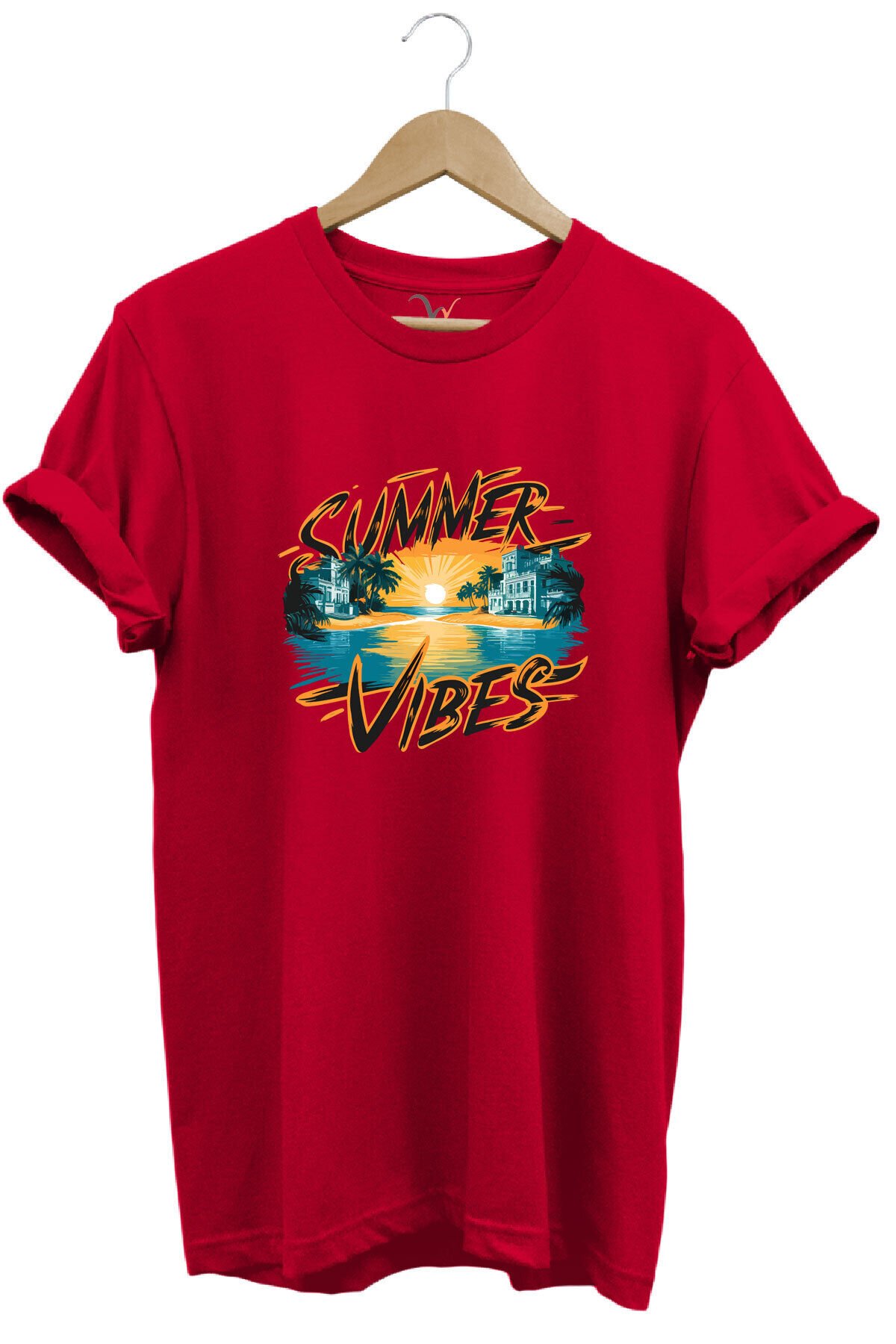 Summer Vibes Baskılı Yazlık Tatil Deniz %100 Pamuk Regular Fit Bisiklet Yaka Gri T-shirt Kırmızı - M