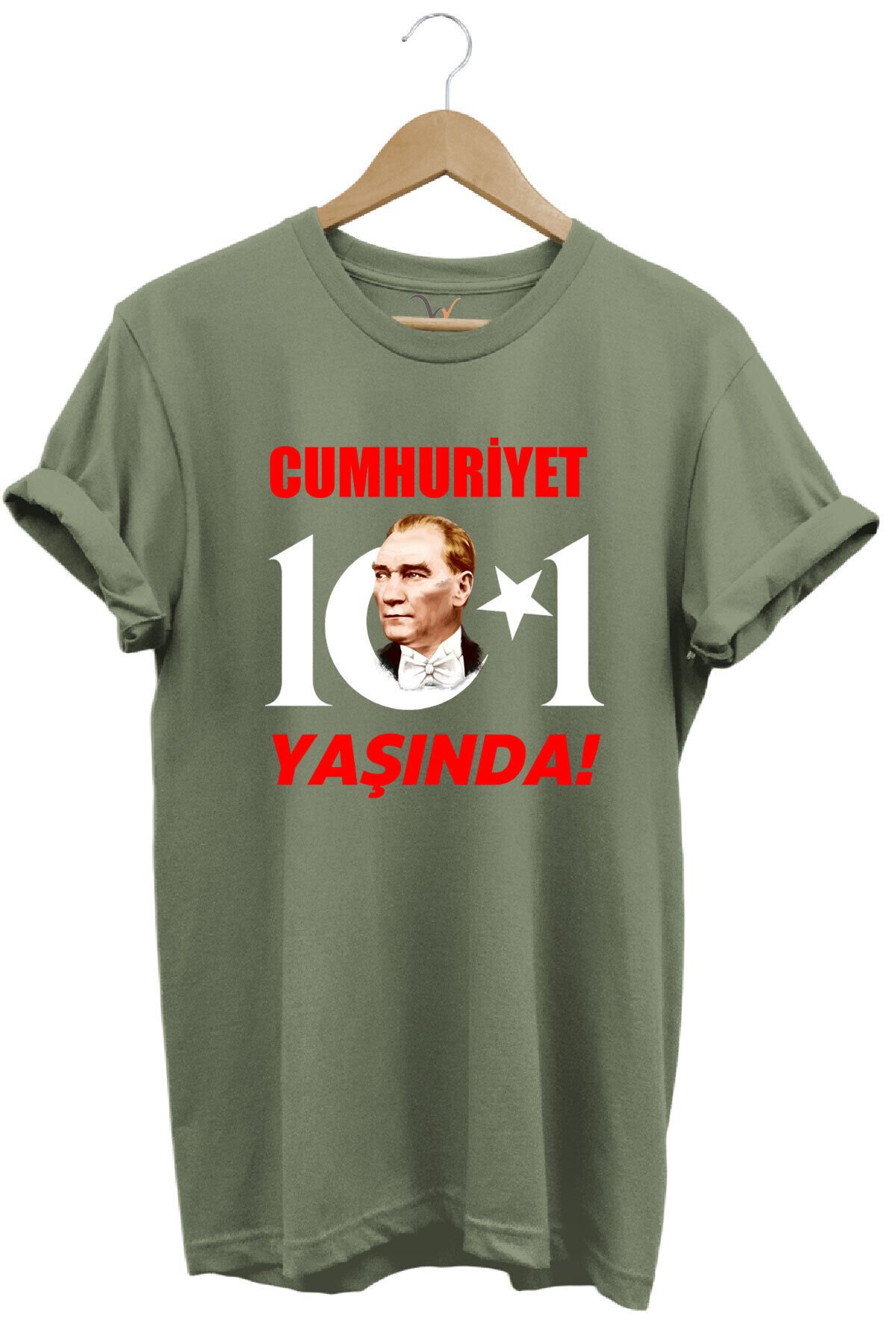 29 Ekim Cumhuriyet Bayramı Atatürk Ay Yıldız Baskılı Cumhuriyet 101 Yaşında Türkiye Turuncu T-shirt Haki Yeşil - S