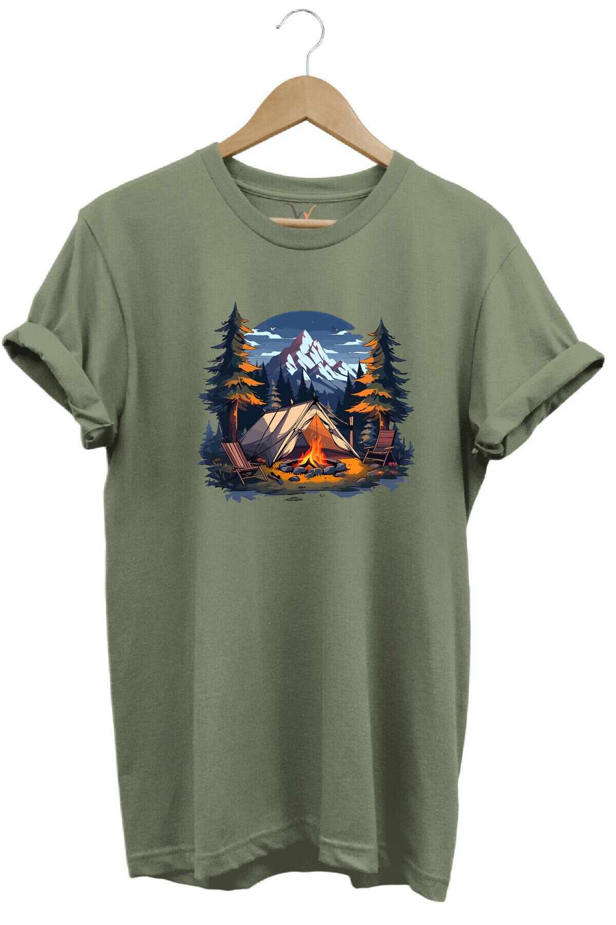 Yazlık Kamp Doğa Çadır ve Dağ Baskılı %100 Pamuk Regular Fit Bisiklet Yaka T-shirt Haki - L
