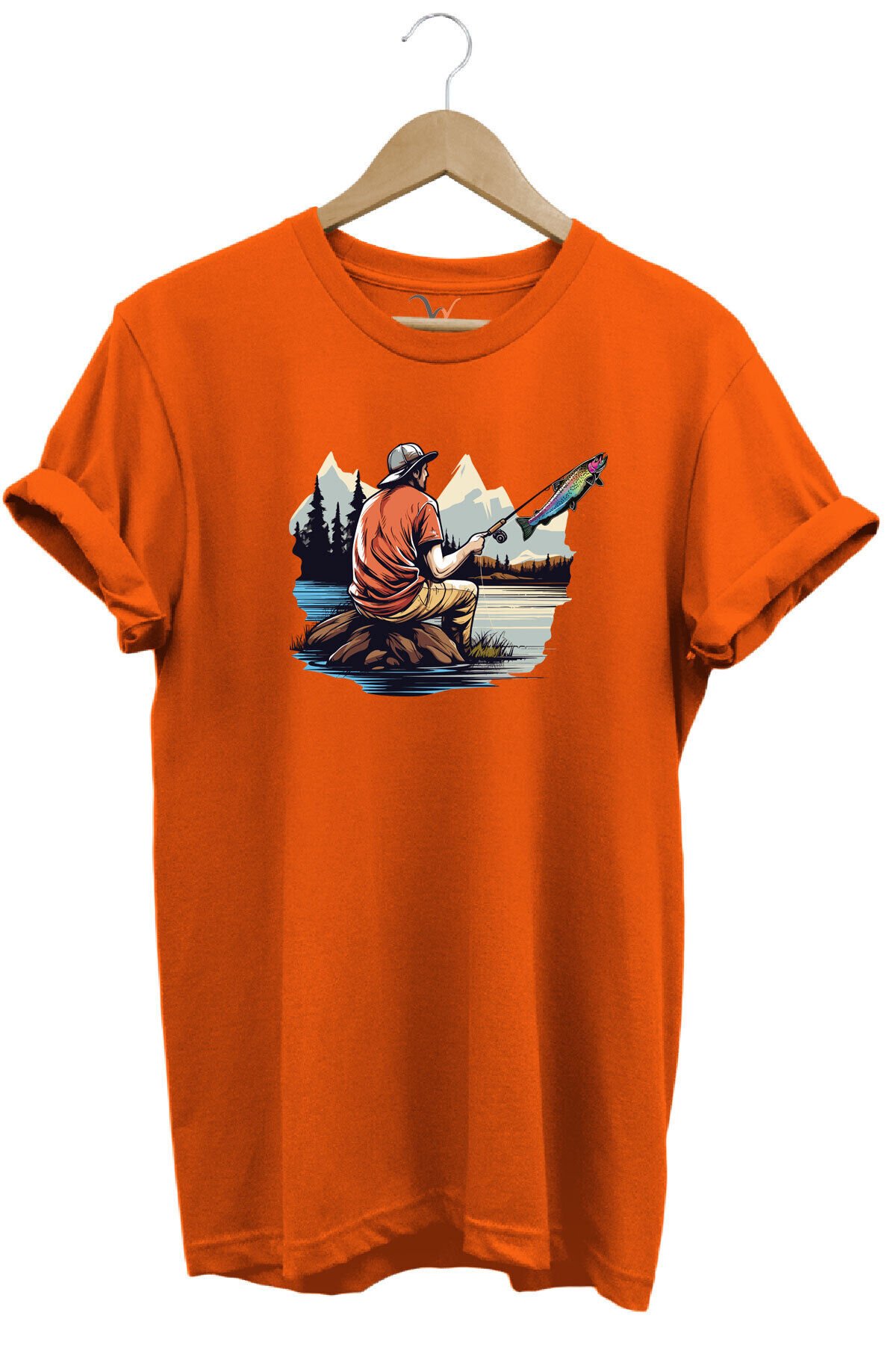 Fishing Balıkçılık Baskılı Olta Ile Alabalık Avı %100 Pamuk Regular Fit Kırmızı T-shirt Turuncu - 2XL