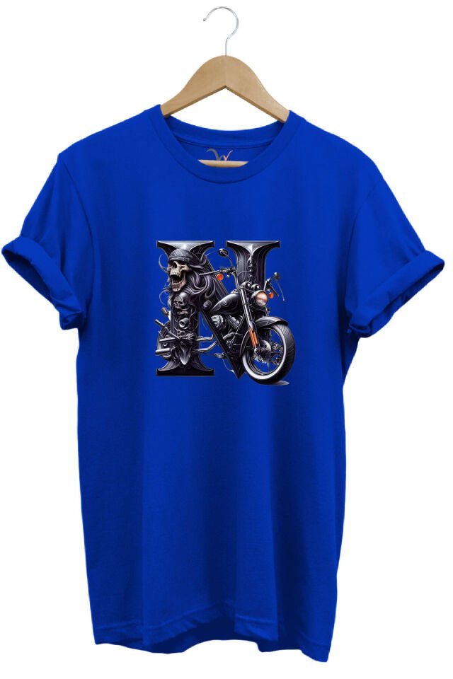 N Harfi Baskılı Motosiklet Kuru Kafa %100 Pamuk Regular Fit Bisiklet Yaka Mavi T-shirt