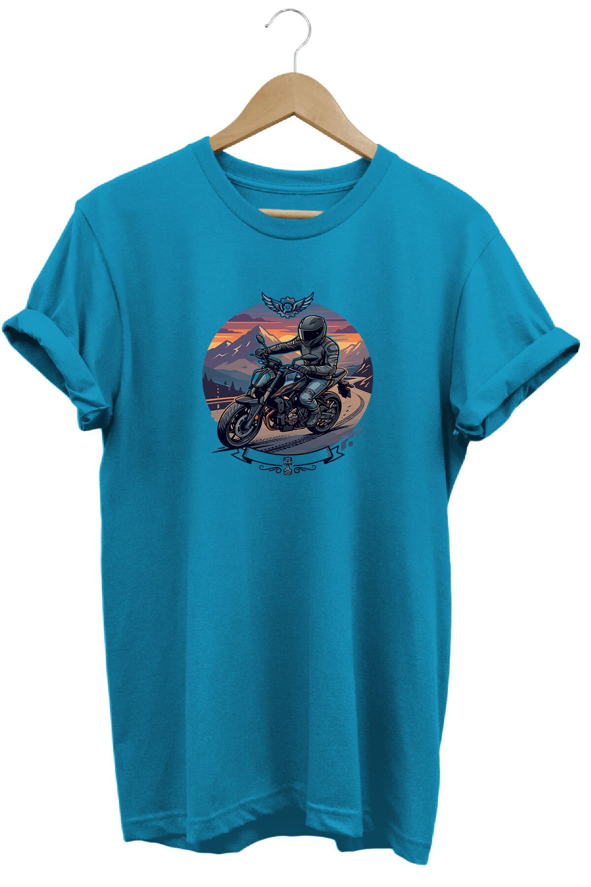 Motorsiklet Baskılı Erkek Tişört Vintage Retro Tasarım Grafik Baskı Bisiklet Yaka Turkuaz - 2XL