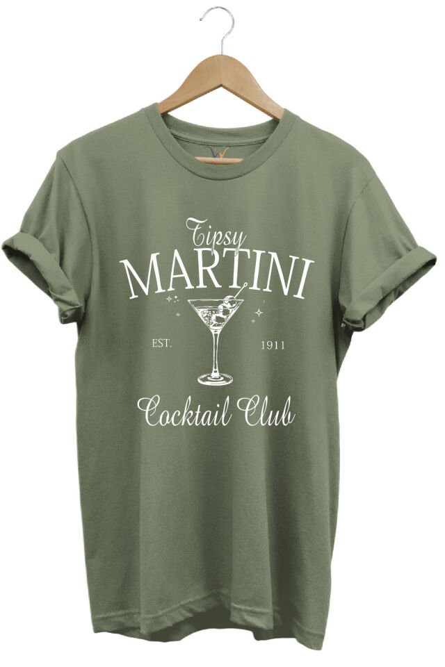 Tipsy Martini Cocktail Club Tasarım Baskılı Old Money Y2k %100 Pamuk Regular Fit Premium T-Shirt Haki - M