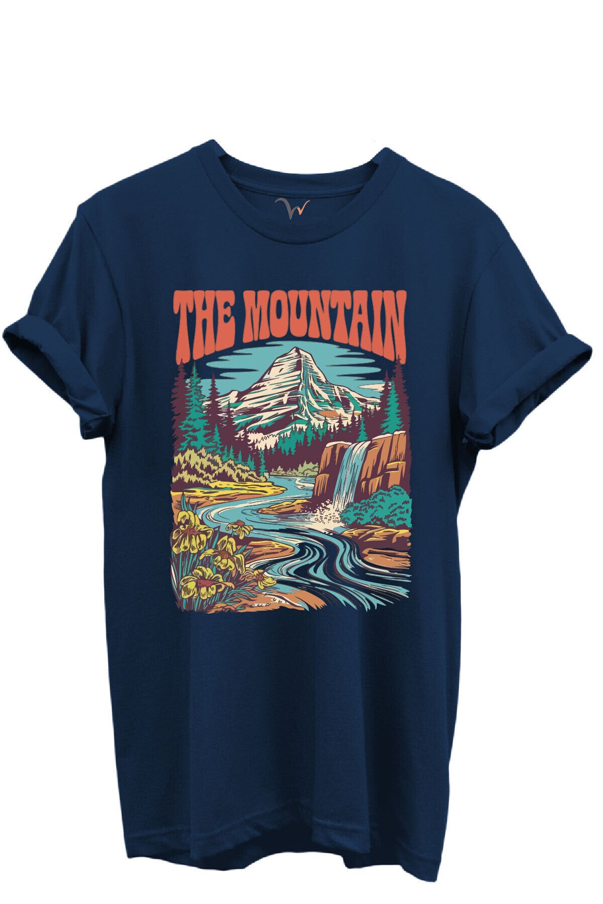 The Mountain Yazılı Dağ Manzarası ve Şelale Baskılı %100 Pamuk Regular Fit Unisex T-Shirt Lacivert - 3XL