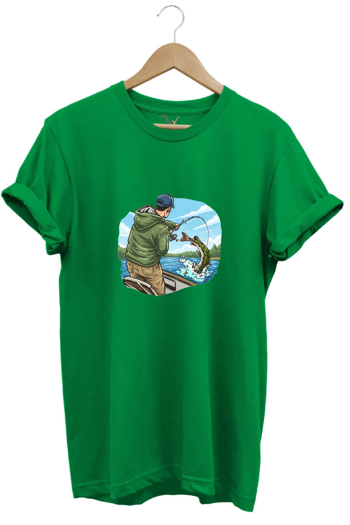 Avcılık Fishing Teknede Olta ile Balık Tutmak Baskılı %100 Pamuk Regular Fit Bisiklet Yaka T-shirt