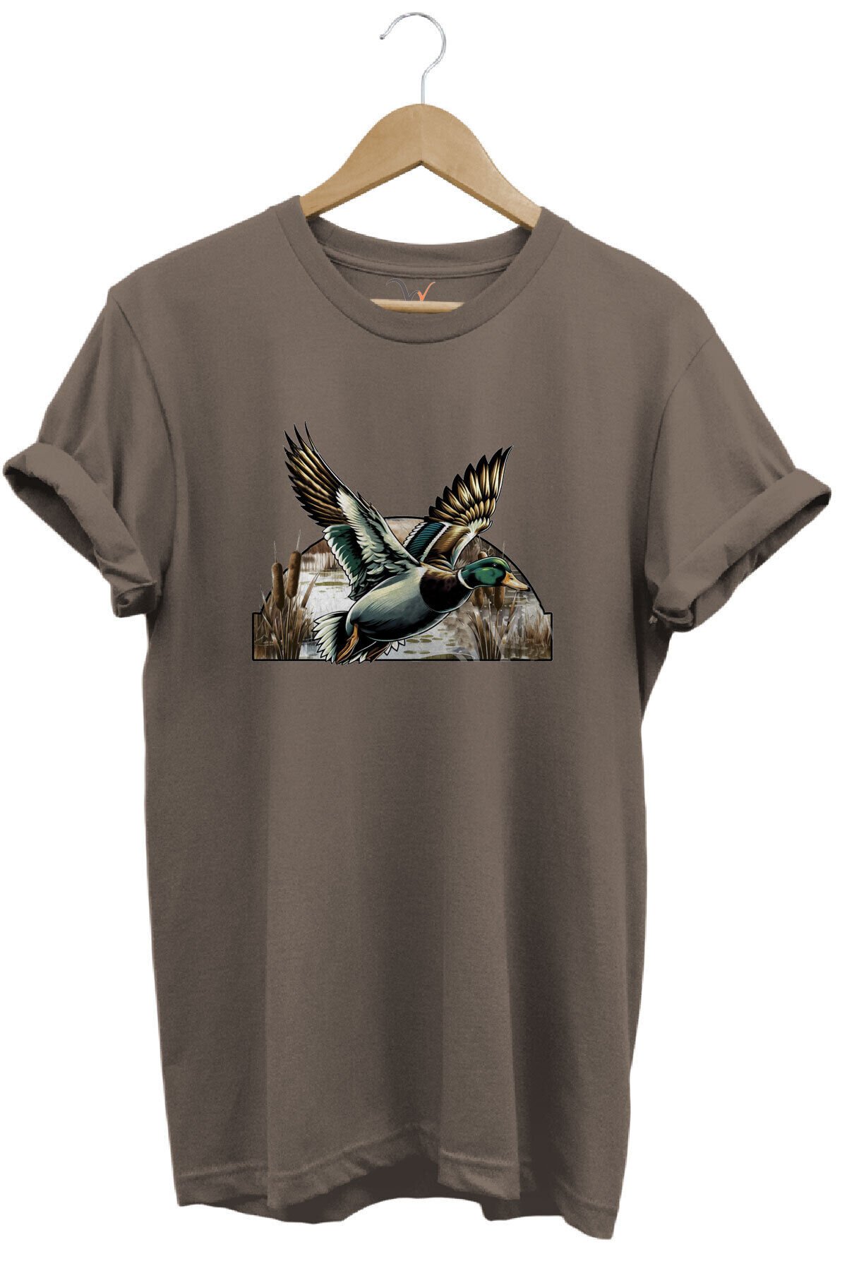 Avcılık Temalı Uçan Ördek Baskılı %100 Pamuk Unisex Regular Fit T-Shirt Kahverengi - S