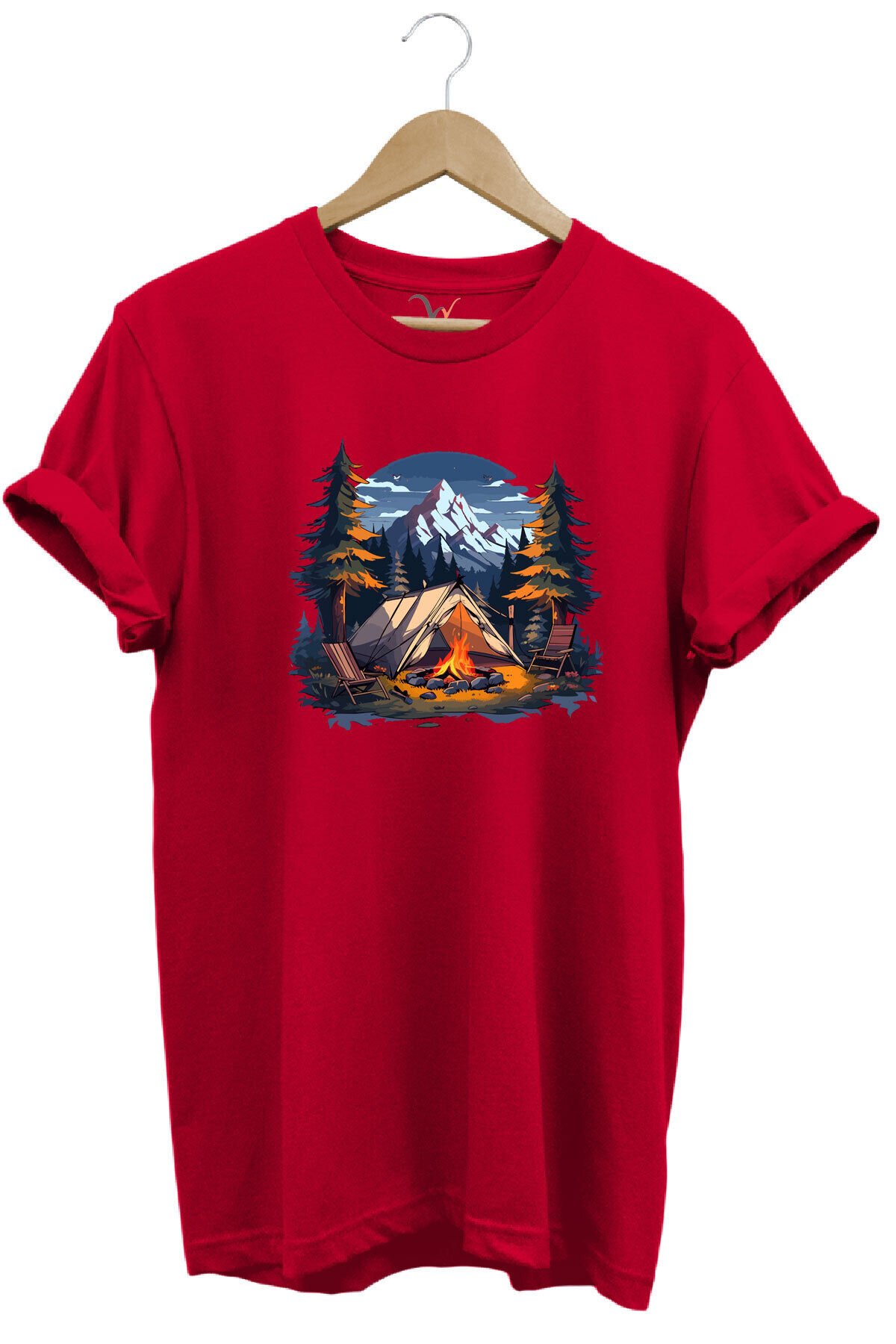 Yazlık Kamp Doğa Çadır ve Dağ Baskılı %100 Pamuk Regular Fit Bisiklet Yaka T-shirt Kırmızı - L