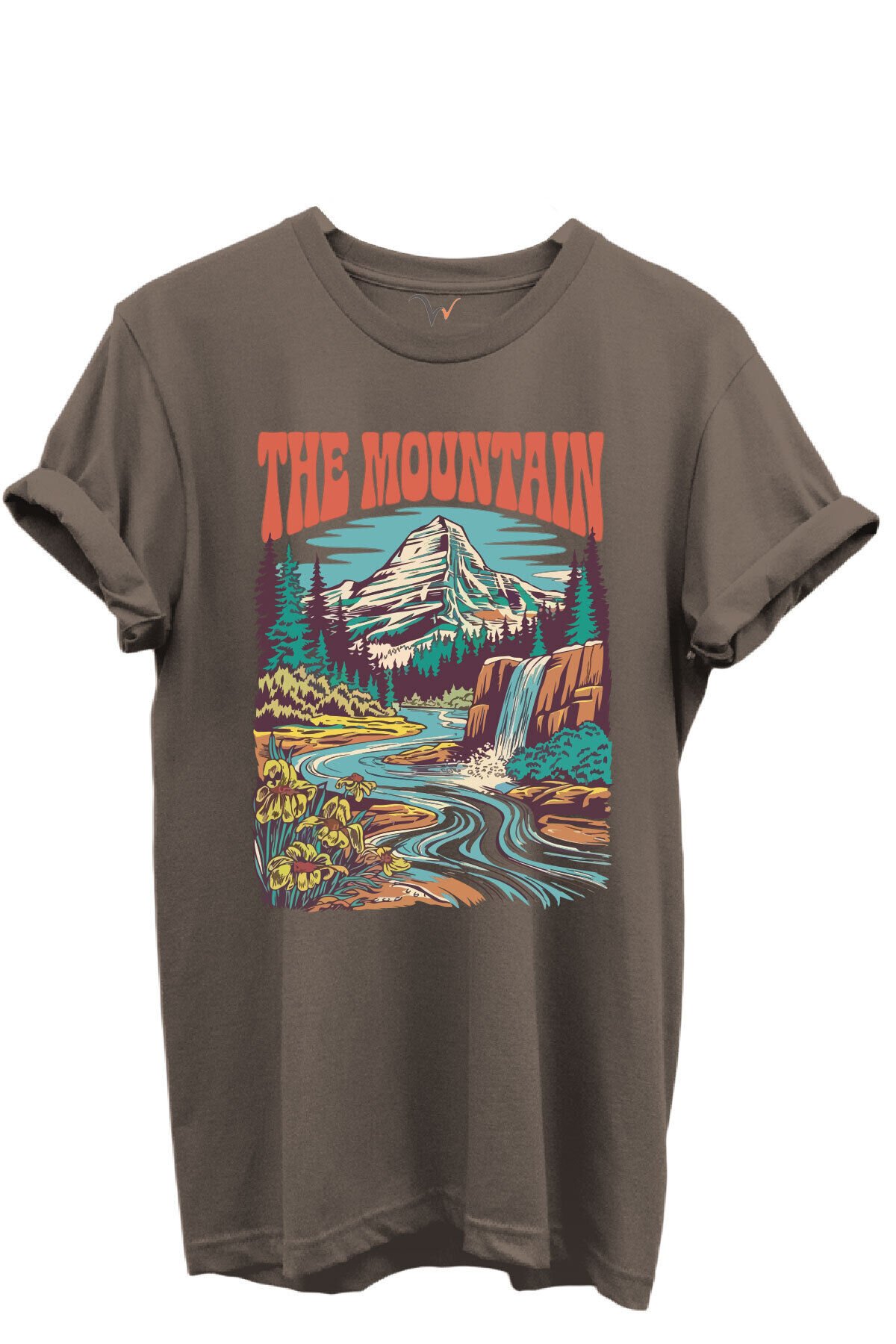 The Mountain Yazılı Dağ Manzarası ve Şelale Baskılı %100 Pamuk Regular Fit Unisex T-Shirt Kahverengi - S