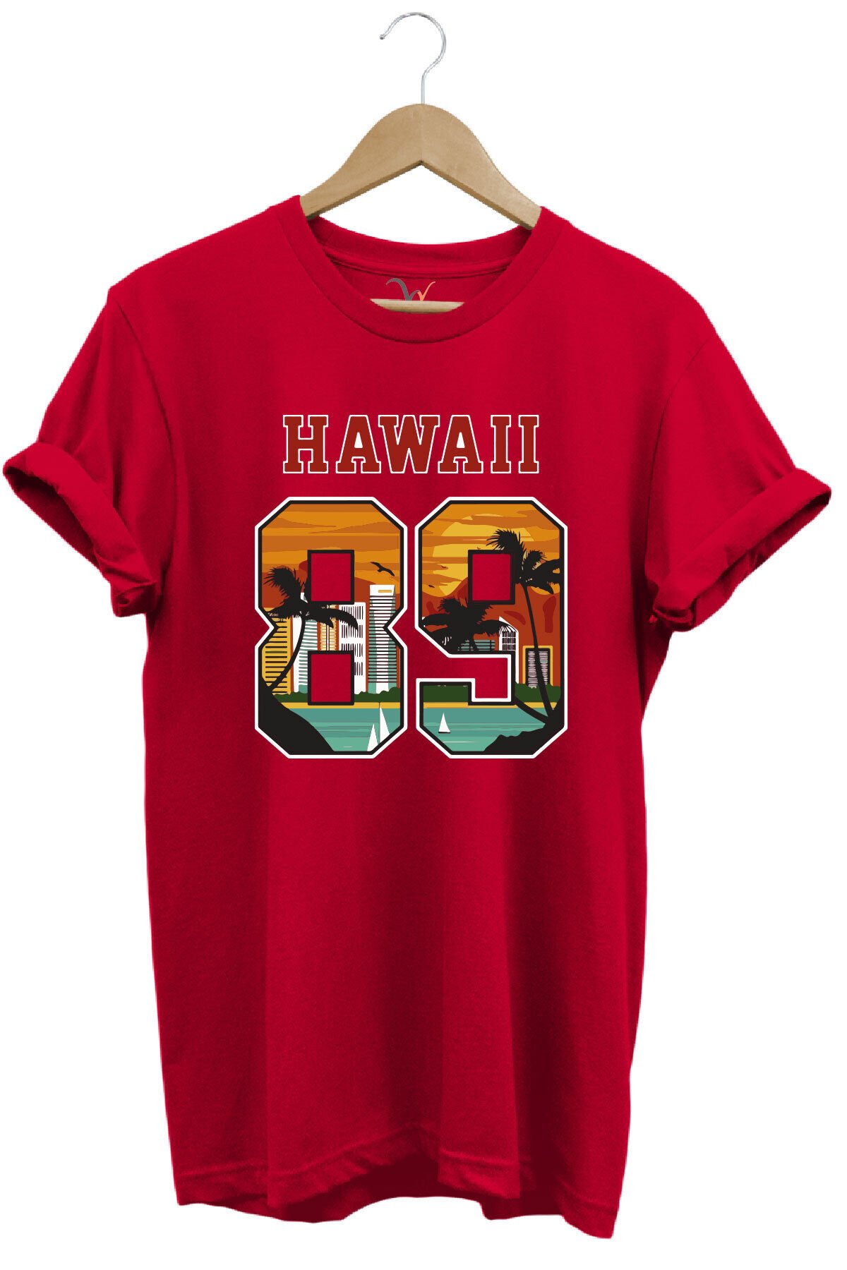Hawaii 89 Gün Batımı Palmiye ve Yelkenli Baskılı %100 Pamuk Unisex Regular Fit Tişört Kırmızı - XL