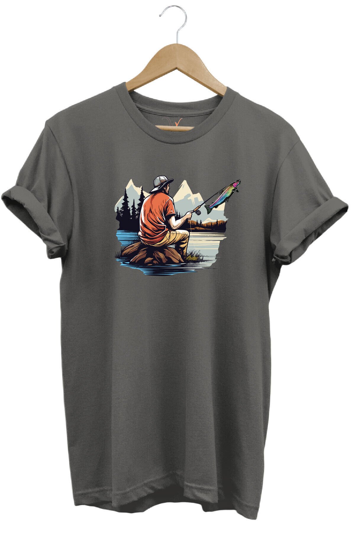 Fishing Balıkçılık Baskılı Olta Ile Alabalık Avı %100 Pamuk Regular Fit Kırmızı T-shirt Gri - 3XL