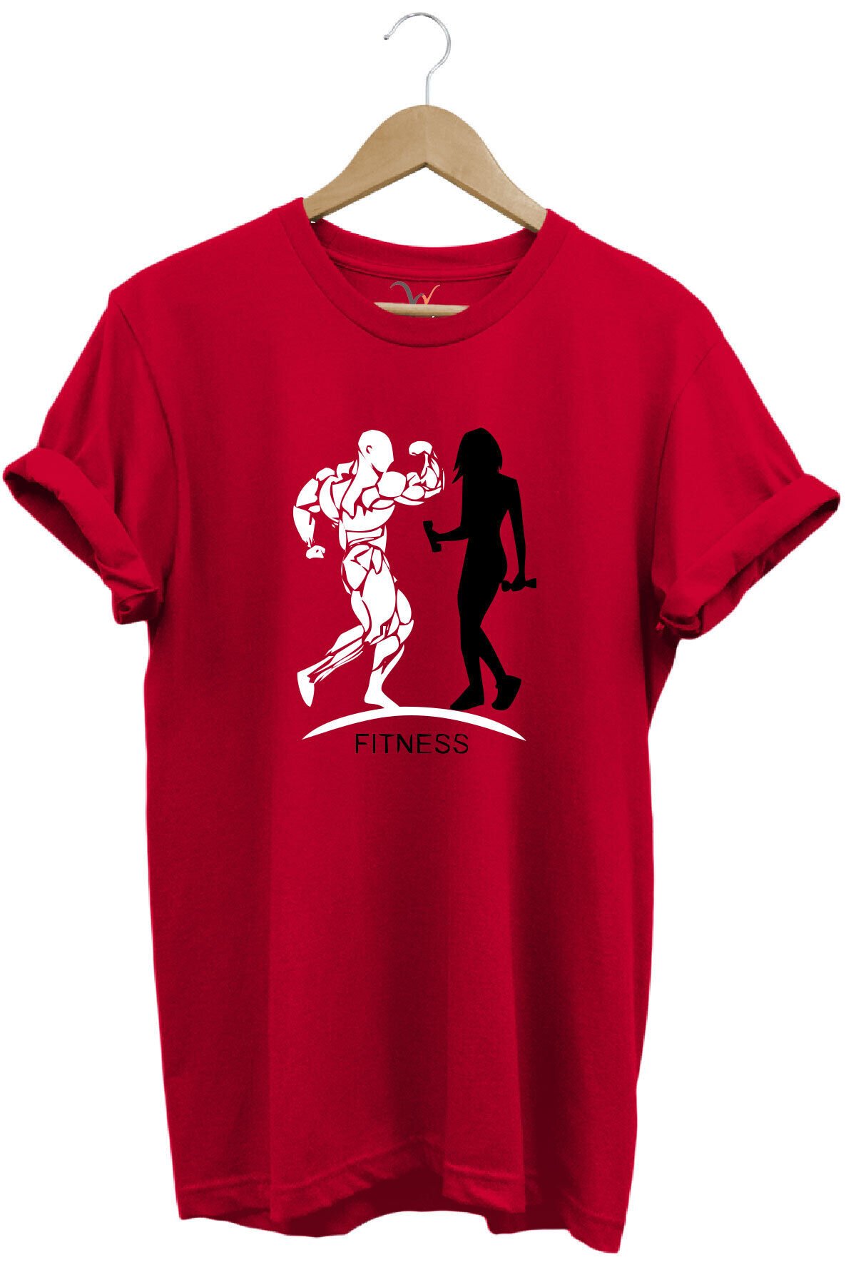Gym Fitness Spor Yapan Kadın Ve Erkek Baskılı %100 Pamuk Regular Fit Bisiklet Yaka Gri T-shirt Kırmızı - L