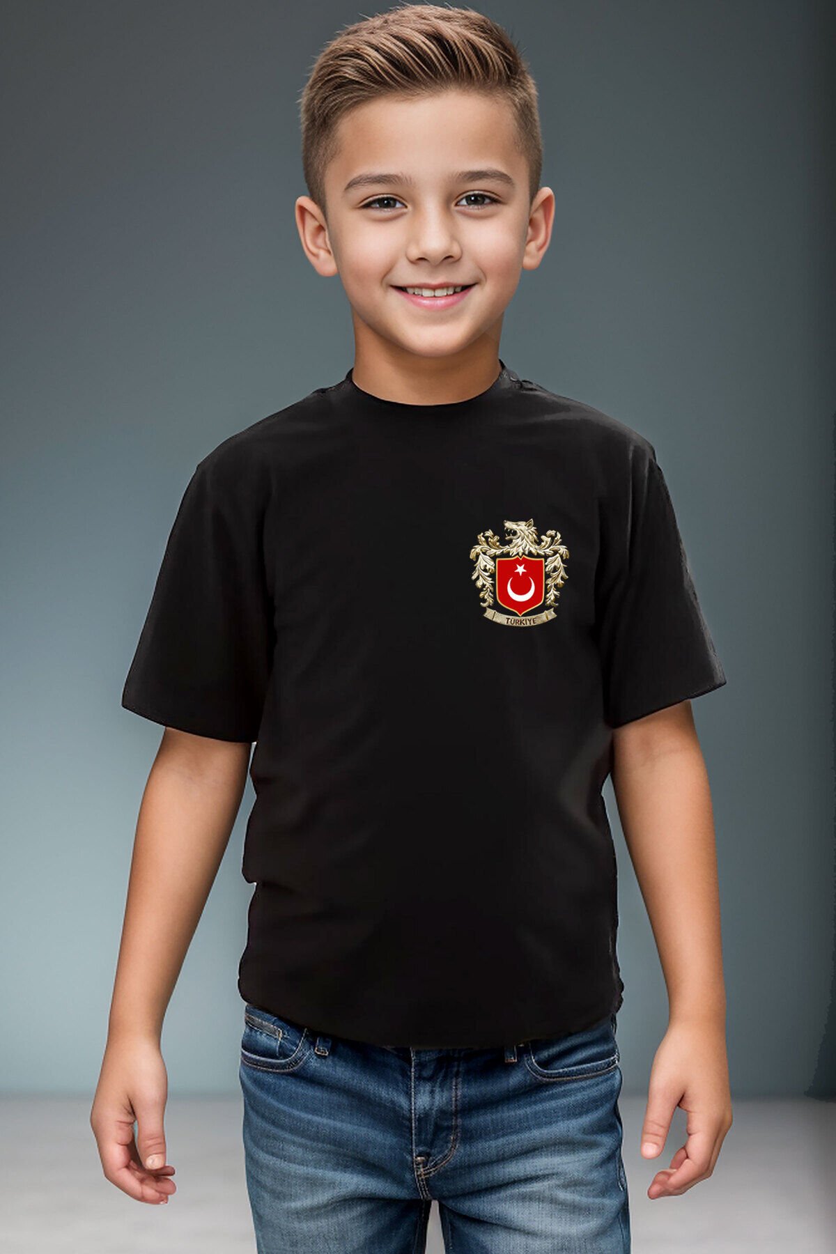 Türk Bozkurt Ve Türkiye Türk Bayrağı Baskılı %100 Pamuk Erkek Çocuk Kız Çocuk Siyah T-shirt Siyah - 13-14 Yaş