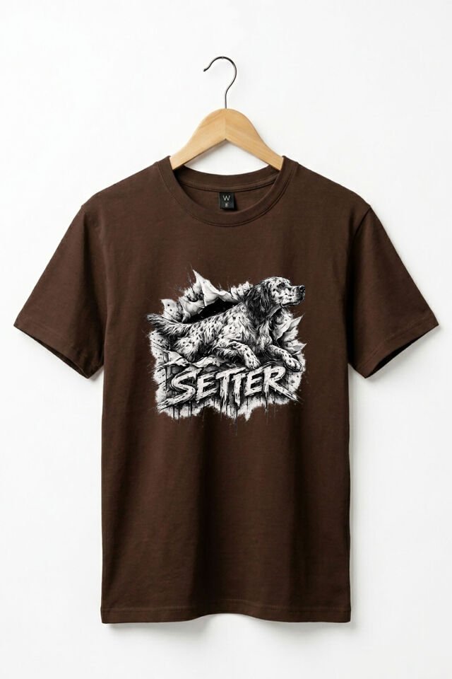 Unisex English Setter Köpek Baskılı Hunting Doğa %100 Pamuk Basic T-Shirt Koyu Kahverengi - XL