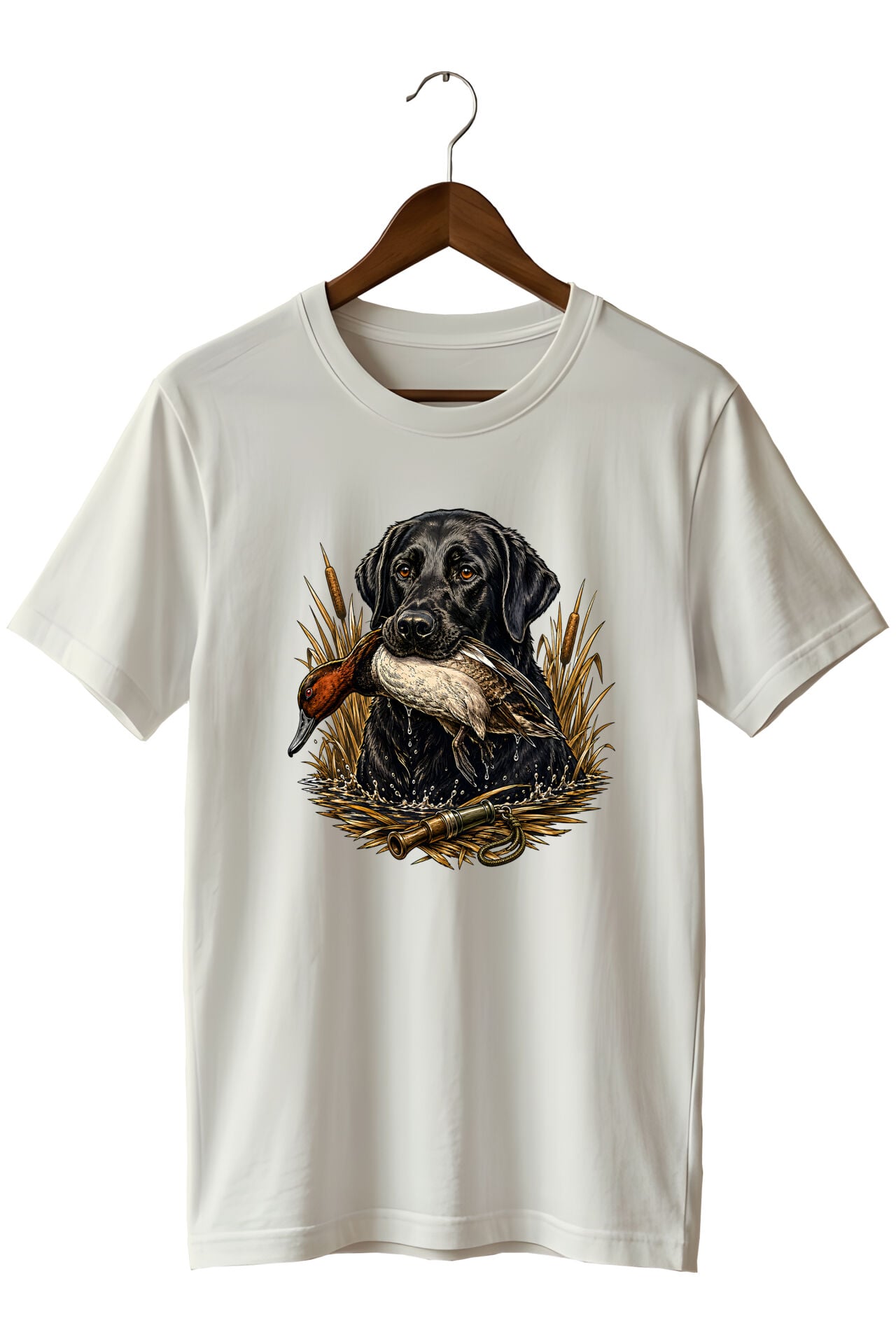 Erkek Labrador Ördek Avı Baskılı T-Shirt – Av Köpeği ve Outdoor Temalı Kısa Kollu Bisiklet Yaka