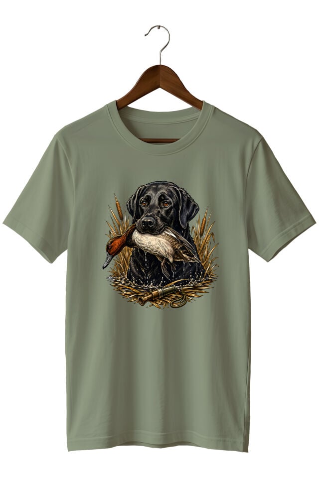 Erkek Labrador Ördek Avı Baskılı T-Shirt – Av Köpeği ve Outdoor Temalı Kısa Kollu Bisiklet Yaka