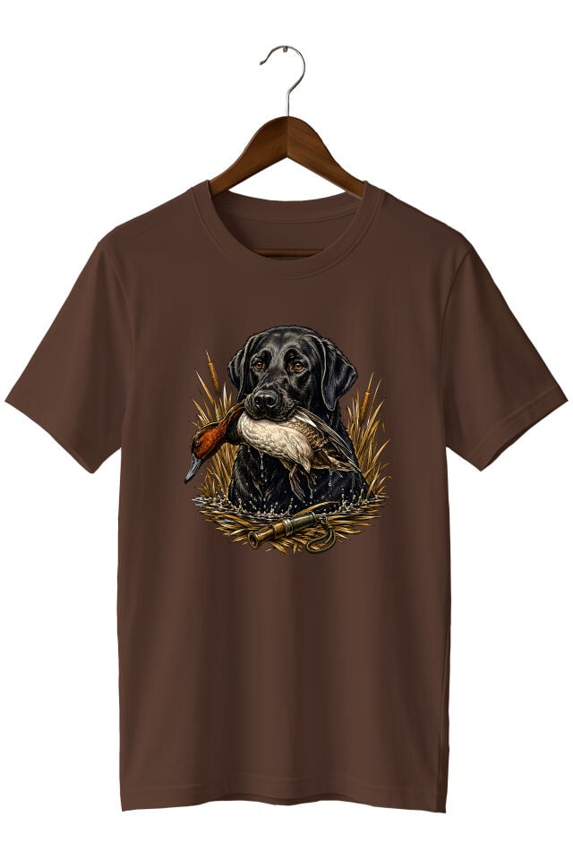 Erkek Labrador Ördek Avı Baskılı T-Shirt – Av Köpeği ve Outdoor Temalı Kısa Kollu Bisiklet Yaka