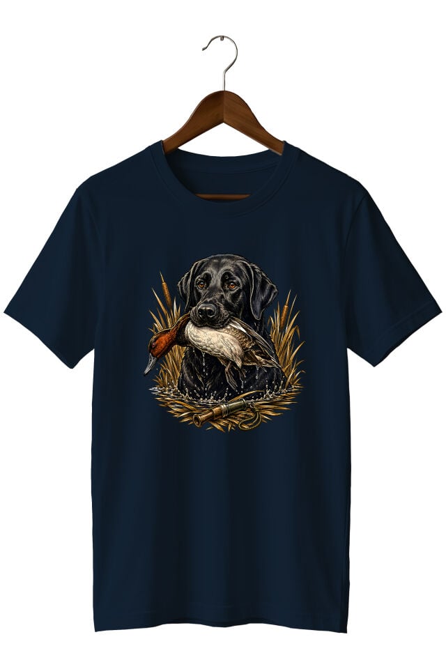 Erkek Labrador Ördek Avı Baskılı T-Shirt – Av Köpeği ve Outdoor Temalı Kısa Kollu Bisiklet Yaka