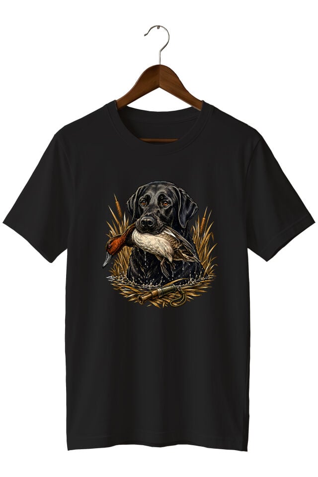 Erkek Labrador Ördek Avı Baskılı T-Shirt – Av Köpeği ve Outdoor Temalı Kısa Kollu Bisiklet Yaka
