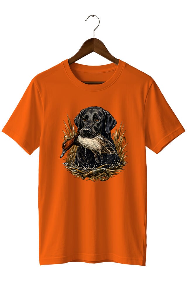Erkek Labrador Ördek Avı Baskılı T-Shirt – Av Köpeği ve Outdoor Temalı Kısa Kollu Bisiklet Yaka
