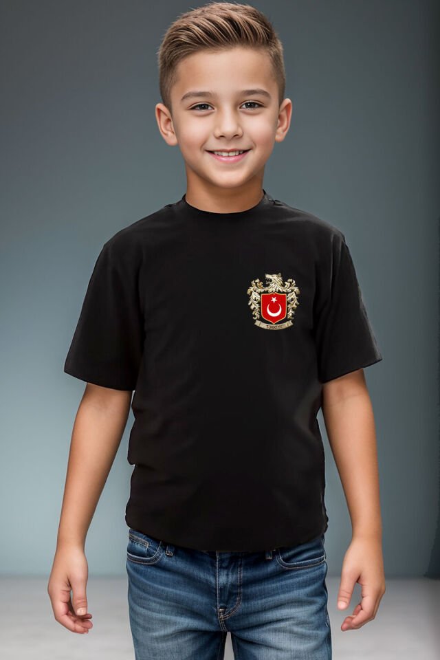 Türk Bozkurt Ve Türkiye Türk Bayrağı Baskılı %100 Pamuk Erkek Çocuk Kız Çocuk Siyah T-shirt Siyah - 7-8 Yaş
