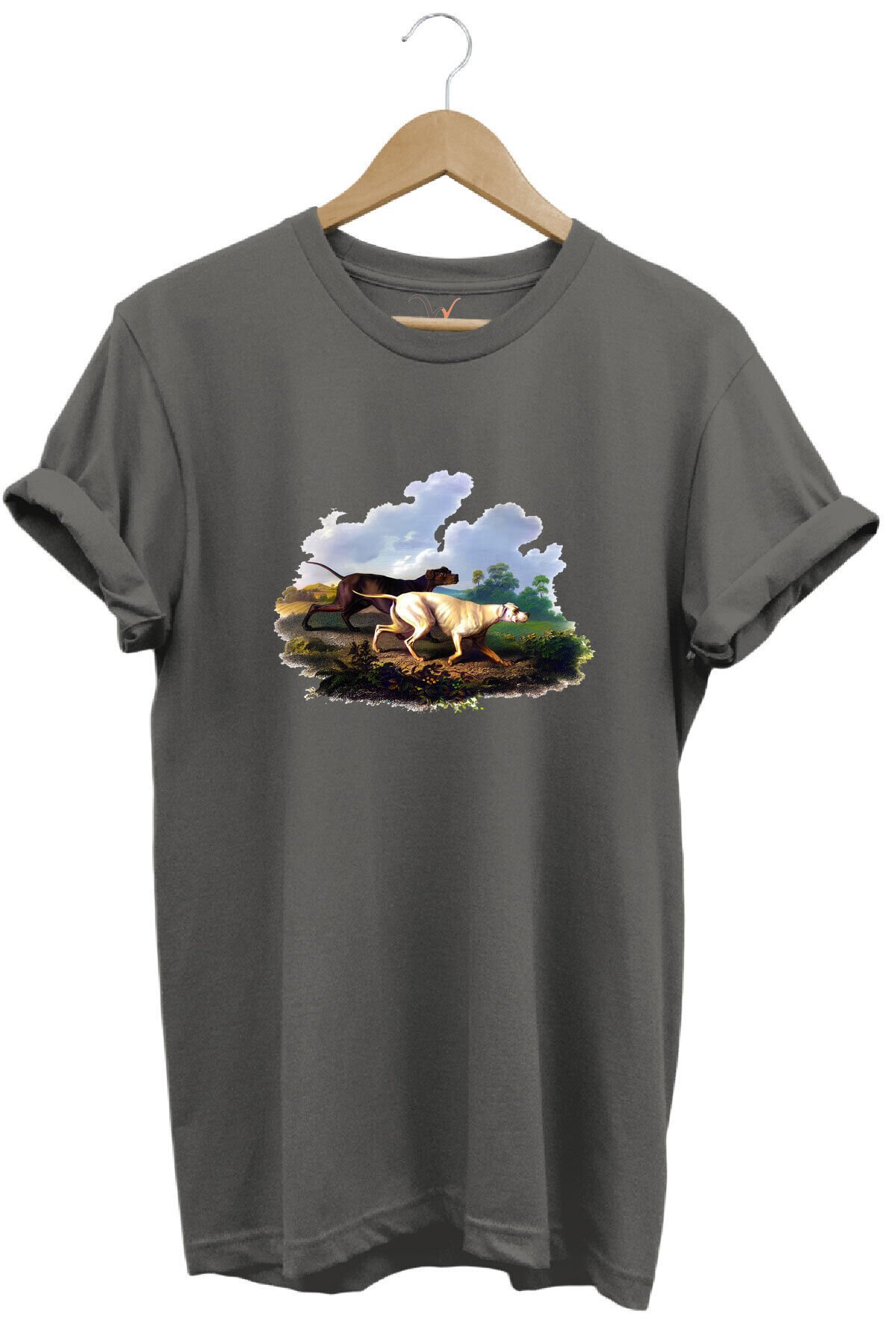 Hunting Avcılık Av Köpekleri Ve Orman Baskılı Doğa Vahşi Yaşam %100 Pamuk Regular Fit Beyaz T-shirt Gri - 2XL